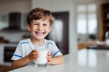 Smiling boy holding glass of milk at home. ai generative