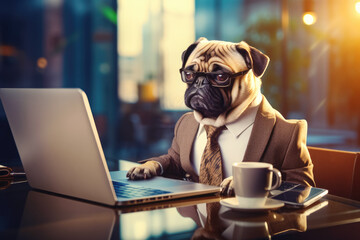 Pug dog as a sad office employee on his workplace. Mental burnout concept. He looking tiredly at the laptop screen. Generative AI - 652250885