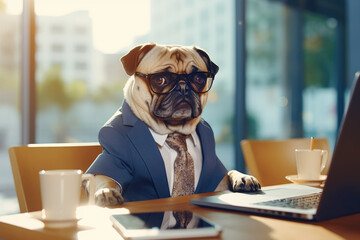 Pug dog as a sad and tired office worker on his workplace. Mental burnout concept. Generative AI - 652250894