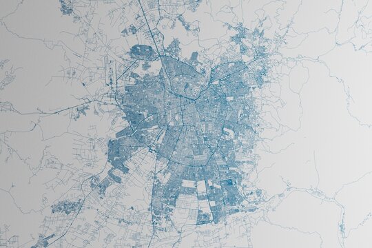 Map of the streets of Santiago (Chile) made with blue lines on white paper. 3d render, illustration