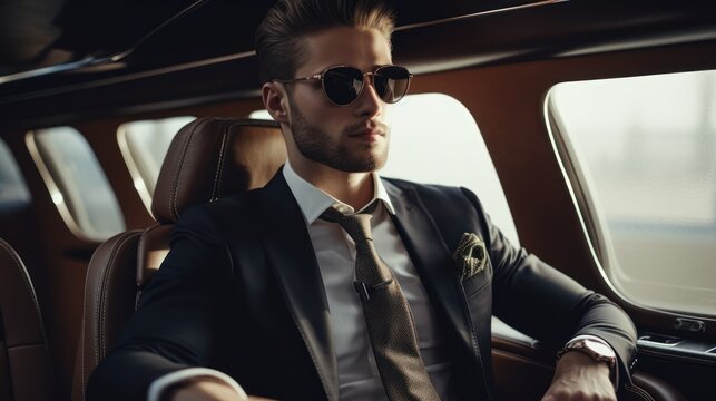 Handsome young man in suit and sunglasses sitting in luxury car