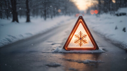 emergency triangle in the snow - obrazy, fototapety, plakaty