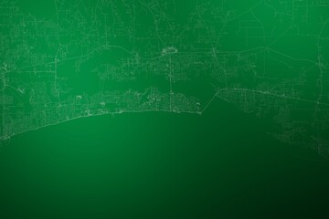 Map of the streets of Biloxi (Mississippi, USA) made with white lines on abstract green background lit by two lights. Top view. 3d render, illustration - obrazy, fototapety, plakaty