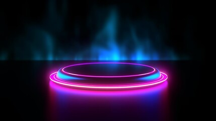 Modern minimal abstract background with a round black shape and colorful neon light glowing from behind.