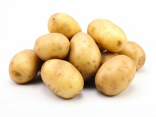 A stack of potatoes on a clean white background