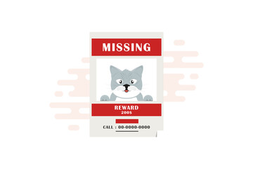 Poster cartoon missing cat with reward money on isolated background