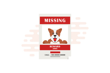 Poster cartoon missing dog with reward money on isolated background