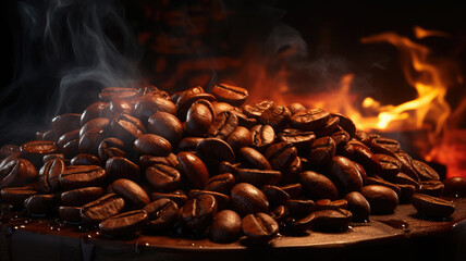 Hot roasted coffee beans, fire, smoke, coffee lovers, caffeine, cheerfulness, barista, grain, roasting, aroma, background