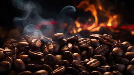 Hot roasted coffee beans, fire, smoke, coffee lovers, caffeine, cheerfulness, barista, grain, roasting, aroma, background - obrazy, fototapety, plakaty