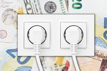 Electricity prices background. Household expenses rising. Electrical socket and cash. Power...
