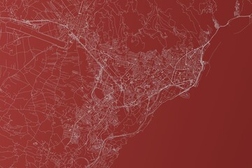 Map of the streets of Santa Cruz de Tenerife (Canary islands, Spain) made with white lines on red background. Top view. 3d render, illustration - obrazy, fototapety, plakaty