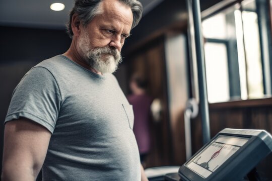 Senior man running on a treadmill in a gym. Fitness and healthy lifestyle.