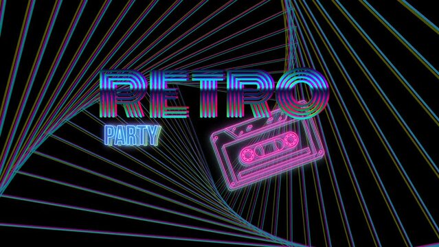 Vintage neon cassette party retro pster animation template 4K.