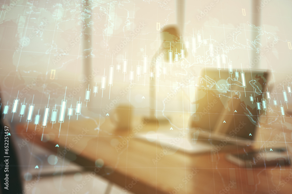 Poster multi exposure of abstract financial diagram with world map on computer background, banking and acco
