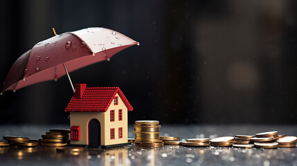 Mortgage protection or rental home insurance. Miniature house model and coins under red umbrella in the rain. Copy space. ai generative