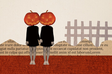 Collage mockup poster banner of two friends jack o lanterns celebrate halloween holiday