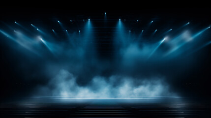 Illuminated stage with scenic lights and smoke. Blue spotlight with smoke volume light effect on black background. ai generative
