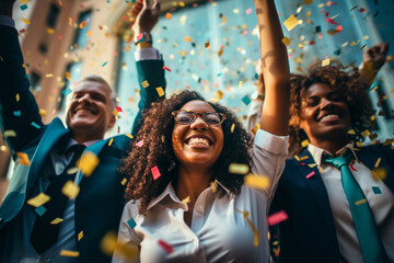 Happy diverse employees team celebrating success business achievement among confetti. ai generative