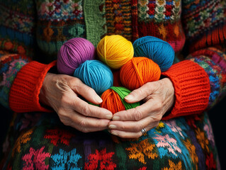 woman's hands holding balls of woolen threads for knitting - obrazy, fototapety, plakaty