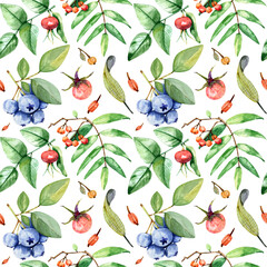 Set of seamless watercolor patterns with blueberry, rose hip, rowan, berries, oak and aspen  leaves.