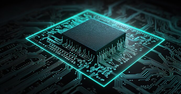 Circuit board with microchips, 3d render, computer background