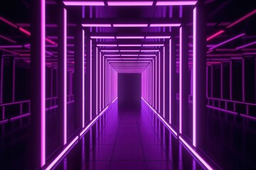 Futuristic corridor with glowing neon lights. 3D rendering
