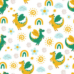 Childish seamless pattern with cute dragons. Adorable cartoon background with fairytale animal, clouds, rainbow and sun. Repeat vector illustration for kids