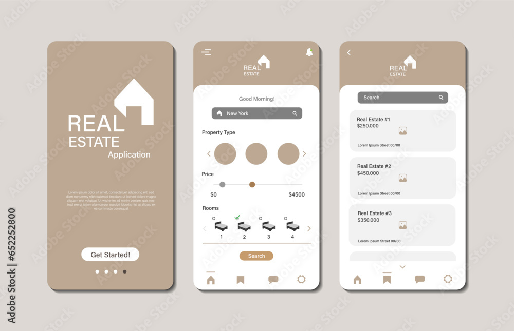 Poster buy real estate properties via online for mobile app. graphical user interface for responsive mobile