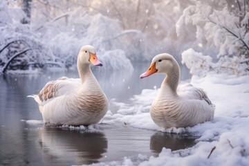 Two white ducks in a pond in winter