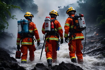 Photorealistische Illustration einer fiktiven Rettungsmanschaft beim Einsatz im Hochwasser Katastrophengebiet.