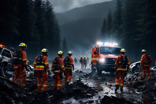 Photorealistische Illustration einer fiktiven Rettungsmanschaft beim Einsatz im Hochwasser Katastrophengebiet.