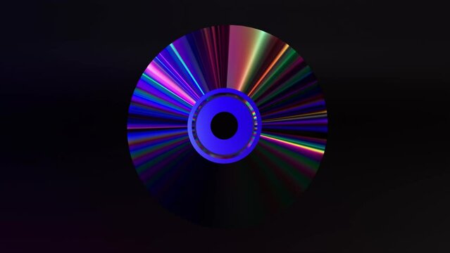 Abstract concept. CD DVD disc on a black isolated background. Neon blue purple color. Rainbow. 3D animation