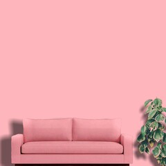 Stylish sofa with pink wall background and potted plants, pastel background, minimalist style, minimalism, living room interior design, cozy room, comfy, copy space 