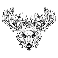 Deer skull on fire.Illustration deer .Design fire coloring page