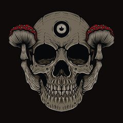 Scary skull mushroom hand drawn vector illustration tshirt design