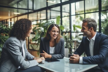 Smiling businesspeople having a discussion in an office