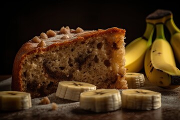 Banana Cake, Pastry, Dessert with Yellow Fruit Slices, Abstract Generative AI Illustration