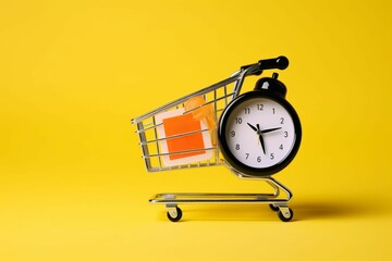 Shopping cart with alarm clock on yellow background 