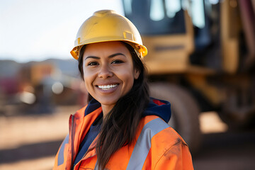 portrait of smiling hispanic female engineer on site with truck wearing hard hat, high vis, and ppe	 - Powered by Adobe