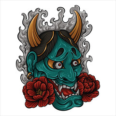 blue oni mask with roses vector illustration isolated 