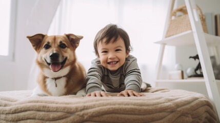 A multicultural boy and his dog smile at home in the room