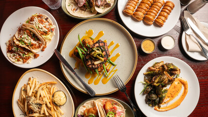 Gastropub food flat lay composition