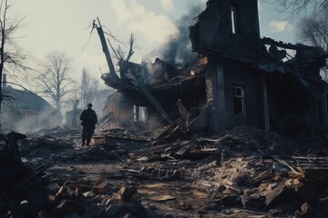 Destroyed houses during the war - obrazy, fototapety, plakaty