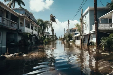 Poster Hurricane flooded houses in a residential area, natural disaster and its consequences © Julia Jones