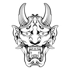 Hand drawn Japanese Oni demon mask coloring page black and white