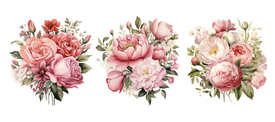 Pink flowers bouquet. Watercolor clipart. Ai generated illustration. - 652254477