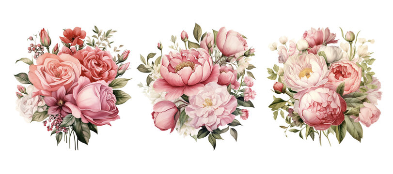 Pink flowers bouquet. Watercolor clipart. Ai generated illustration.