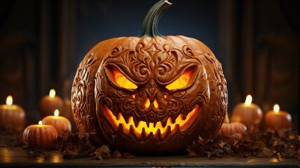 Halloween pumpkin with scary burning eyes, background, horror story, witchcraft, autumn