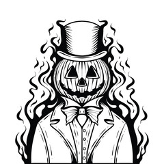 pumkin man coloring page vector illustration, halloween black and white