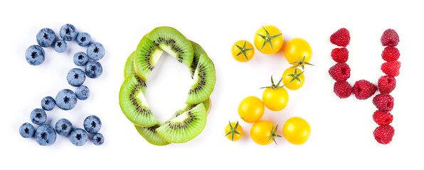 Mixed fruits. New year 2024 made of fruits on white background. Healthy food